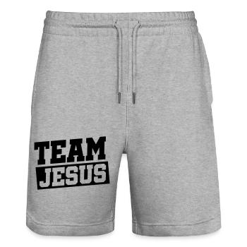 Jesus Team - Stanley/Stella Trainer Unisex Organic Jogging Shorts - heather grey - Front - Nik (191cm) & Marisol (170cm)