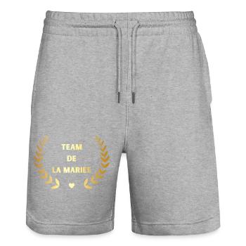 Team der Goldenen Braut - Passendes T-Shirt - Stanley/Stella Unisex Bio Joggingshorts Trainer  - Grau meliert - Vorne - Nik (191cm) & Marisol (170cm)