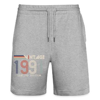 Vintage 1991 Cadeau Anniversaire - Millésime 1991 - Short de jogging bio TRAINER Stanley/Stella unisexe - gris chiné - Devant - Nik (191cm) & Marisol (170cm)