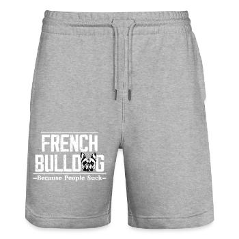 French Bulldog Because People Suck Owner Frenchie - Stanley/Stella Unisex Bio Joggingshorts Trainer  - Grau meliert - Vorne - Nik (191cm) & Marisol (170cm)