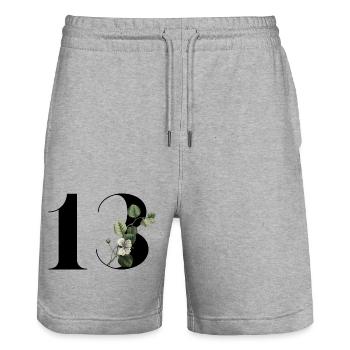 Numéro 13 floral vert -13e anniversaire floral - Short de jogging bio TRAINER Stanley/Stella unisexe - gris chiné - Devant - Nik (191cm) & Marisol (170cm)
