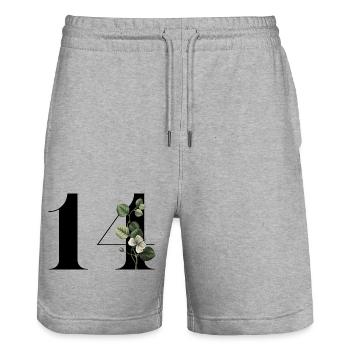 Numéro 14 floral vert -14e anniversaire floral - Short de jogging bio TRAINER Stanley/Stella unisexe - gris chiné - Devant - Nik (191cm) & Marisol (170cm)