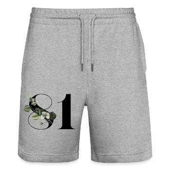 Number 81 Floral Green - 81st Floral Birthday - Stanley/Stella Trainer Unisex Organic Jogging Shorts - heather grey - Front - Nik (191cm) & Marisol (170cm)