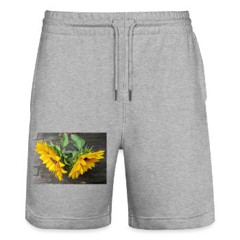 Zwei Sonnenblumen fotografiert - Stanley/Stella Unisex Bio Joggingshorts Trainer  - Grau meliert - Vorne - Nik (191cm) & Marisol (170cm)