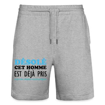 sorry this man is already taken - Stanley/Stella Trainer Unisex Organic Jogging Shorts - heather grey - Front - Nik (191cm) & Marisol (170cm)