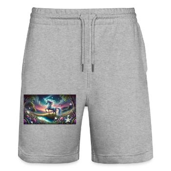 Ein mystisches Einhorn mit Aurora Boreralis - Stanley/Stella Unisex Bio Joggingshorts Trainer  - Grau meliert - Vorne - Nik (191cm) & Marisol (170cm)