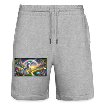 Licorne et arc-en-ciel - Short de jogging bio TRAINER Stanley/Stella unisexe - gris chiné - Devant - Nik (191cm) & Marisol (170cm)