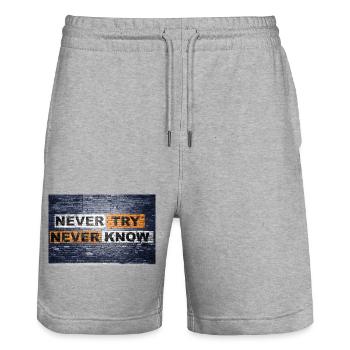 Never Try never know Brick Wall Motivation - Stanley/Stella Trainer Unisex Organic Jogging Shorts - heather grey - Front - Nik (191cm) & Marisol (170cm)