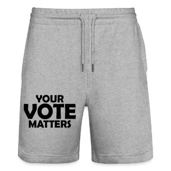 votre vote compte citation - Short de jogging bio TRAINER Stanley/Stella unisexe - gris chiné - Devant - Nik (191cm) & Marisol (170cm)