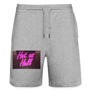 Leuchtreklame Hot as Hell an Ziegelsteinmauer - Stanley/Stella Unisex Bio Joggingshorts Trainer  - Grau meliert - Vorne - Nik (191cm) & Marisol (170cm)