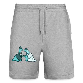 Hugadino Dino Wedding, mignon dinosaure - Short de jogging bio TRAINER Stanley/Stella unisexe - gris chiné - Devant - Nik (191cm) & Marisol (170cm)