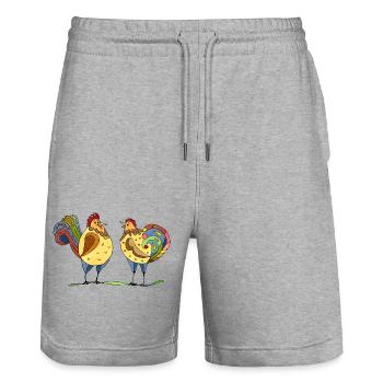 Coq et poule - Short de jogging bio TRAINER Stanley/Stella unisexe - gris chiné - Devant - Nik (191cm) & Marisol (170cm)