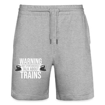 Warning May Spontaneously Talk About Trains Spruch - Stanley/Stella Trainer Unisex Organic Jogging Shorts - heather grey - Front - Nik (191cm) & Marisol (170cm)