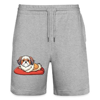 Shih Tzu satisfait se prélassant sur un oreiller en peluche - Short de jogging bio TRAINER Stanley/Stella unisexe - gris chiné - Devant - Nik (191cm) & Marisol (170cm)