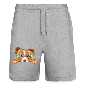 Peeking Border Collie Hund mit Schleife und Brille - Stanley/Stella Unisex Bio Joggingshorts Trainer  - Grau meliert - Vorne - Nik (191cm) & Marisol (170cm)