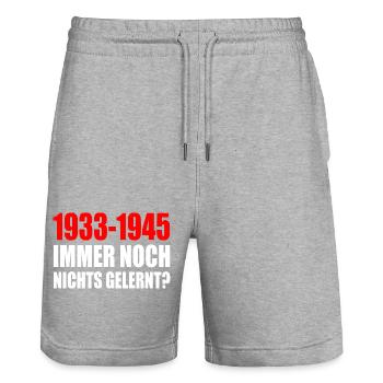 1933 - 1945 encore rien appris - Short de jogging bio TRAINER Stanley/Stella unisexe - gris chiné - Devant - Nik (191cm) & Marisol (170cm)