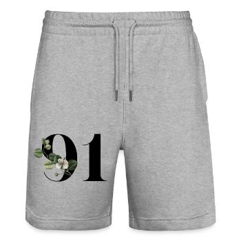 Nummer 91 Blumengrün - 91. Blumengeburtstag - Stanley/Stella Unisex Bio Joggingshorts Trainer  - Grau meliert - Vorne - Nik (191cm) & Marisol (170cm)