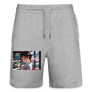 Farbenfrohe Geisha in traditioneller Eleganz - Stanley/Stella Unisex Bio Joggingshorts Trainer  - Grau meliert - Vorne - Nik (191cm) & Marisol (170cm)