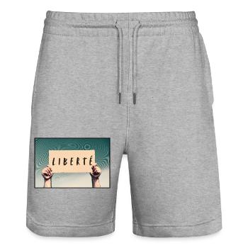 Pancarte - Liberté - Short de jogging bio TRAINER Stanley/Stella unisexe - gris chiné - Devant - Nik (191cm) & Marisol (170cm)