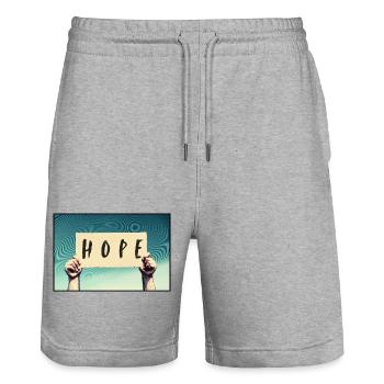Pancarte - Hope - Short de jogging bio TRAINER Stanley/Stella unisexe - gris chiné - Devant - Nik (191cm) & Marisol (170cm)