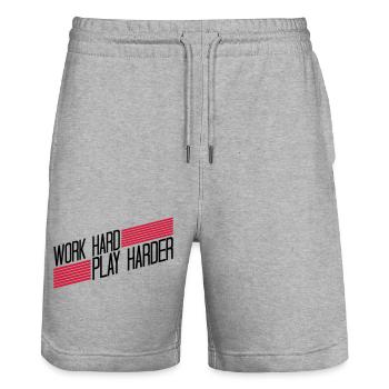 Play Harder logo - Stanley/Stella Trainer Unisex Organic Jogging Shorts - heather grey - Front - Nik (191cm) & Marisol (170cm)