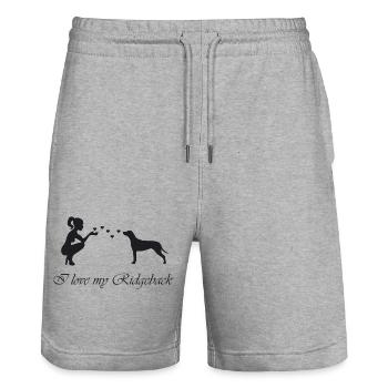 Rhodesian Ridgeback mit Frau - Stanley/Stella Unisex Bio Joggingshorts Trainer  - Grau meliert - Vorne - Nik (191cm) & Marisol (170cm)