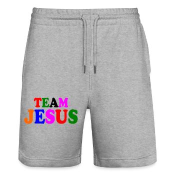 Team jesus - Stanley/Stella Trainer Unisex Organic Jogging Shorts - heather grey - Front - Nik (191cm) & Marisol (170cm)