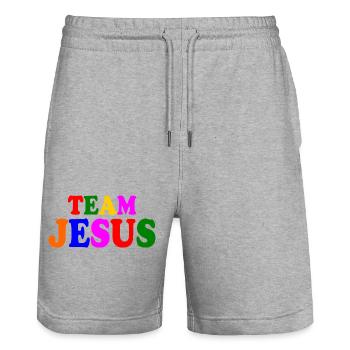 Team jesus - Stanley/Stella Trainer Unisex Organic Jogging Shorts - heather grey - Front - Nik (191cm) & Marisol (170cm)