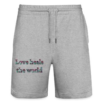 Love heals the world - Space nebula look - Stanley/Stella Unisex Bio Joggingshorts Trainer  - Grau meliert - Vorne - Nik (191cm) & Marisol (170cm)