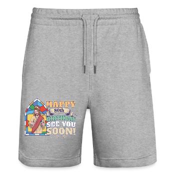 Happy 80th Birthday See You Soon Funny Jesus Meme - Stanley/Stella Trainer Unisex Organic Jogging Shorts - heather grey - Front - Nik (191cm) & Marisol (170cm)