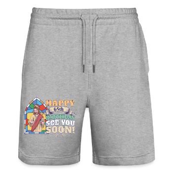 Happy 65th Birthday See You Soon Funny Jesus Meme - Stanley/Stella Trainer Unisex Organic Jogging Shorts - heather grey - Front - Nik (191cm) & Marisol (170cm)