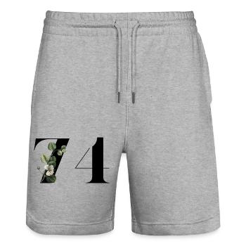 Nummer 74 Blumengrün - 74. Blumengeburtstag - Stanley/Stella Unisex Bio Joggingshorts Trainer  - Grau meliert - Vorne - Nik (191cm) & Marisol (170cm)