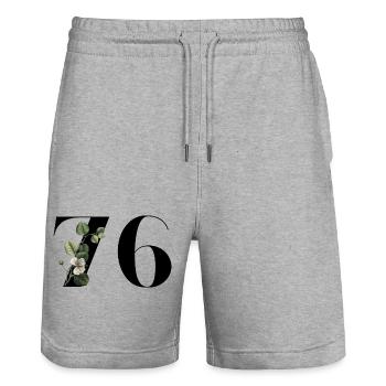 Nummer 76 Blumengrün - 76. Blumengeburtstag - Stanley/Stella Unisex Bio Joggingshorts Trainer  - Grau meliert - Vorne - Nik (191cm) & Marisol (170cm)