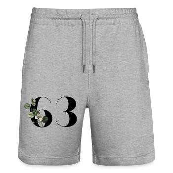 Numéro 63 floral vert - 63e anniversaire floral - Short de jogging bio TRAINER Stanley/Stella unisexe - gris chiné - Devant - Nik (191cm) & Marisol (170cm)