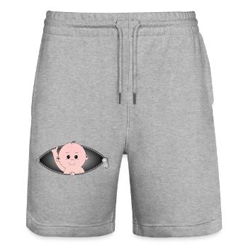 Child coming out of a zippered pocket - Stanley/Stella Trainer Unisex Organic Jogging Shorts - heather grey - Front - Nik (191cm) & Marisol (170cm)