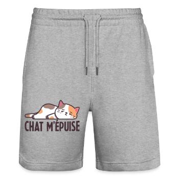 Chat m'épuise Cadeau Humour Femme Homme - Short de jogging bio TRAINER Stanley/Stella unisexe - gris chiné - Devant - Nik (191cm) & Marisol (170cm)
