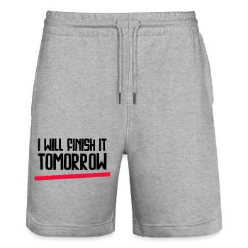 Funny "I Will Finish It Tomorrow" design - Stanley/Stella Trainer Unisex Organic Jogging Shorts - heather grey - Front - Nik (191cm) & Marisol (170cm)