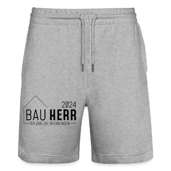 Bauherr 2024 - Ich zahl die Rechnungen - Stanley/Stella Unisex Bio Joggingshorts Trainer  - Grau meliert - Vorne - Nik (191cm) & Marisol (170cm)