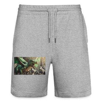 Ein realistischer, majestätischer grüner Drachenwolf - Stanley/Stella Unisex Bio Joggingshorts Trainer  - Grau meliert - Vorne - Nik (191cm) & Marisol (170cm)