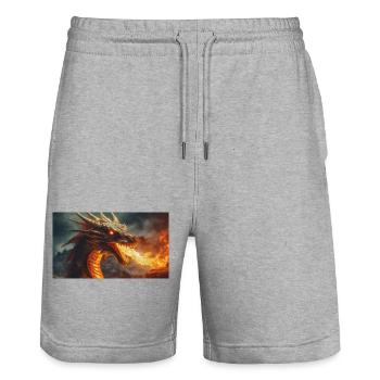 A realistic majestical dark dragon spitting flames - Stanley/Stella Trainer Unisex Organic Jogging Shorts - heather grey - Front - Nik (191cm) & Marisol (170cm)