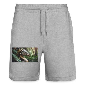 Ein realistischer, majestätischer grüner Drache jagt - Stanley/Stella Unisex Bio Joggingshorts Trainer  - Grau meliert - Vorne - Nik (191cm) & Marisol (170cm)