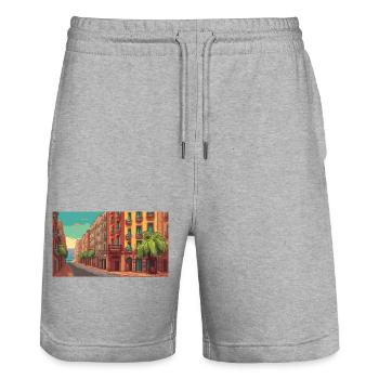 Barcelona, Spain - Pixel Art - Stanley/Stella Trainer Unisex Organic Jogging Shorts - heather grey - Front - Nik (191cm) & Marisol (170cm)