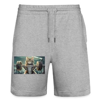 Pun ambiguous german expression - Muskelkater - Stanley/Stella Trainer Unisex Organic Jogging Shorts - heather grey - Front - Nik (191cm) & Marisol (170cm)