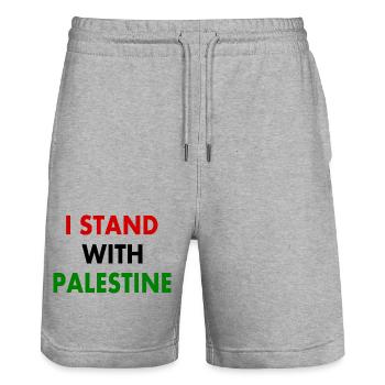 I stand with palestine - Short de jogging bio TRAINER Stanley/Stella unisexe - gris chiné - Devant - Nik (191cm) & Marisol (170cm)