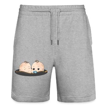 Jumeaux bébé sucettes cadeau ventre de bébé - Short de jogging bio TRAINER Stanley/Stella unisexe - gris chiné - Devant - Nik (191cm) & Marisol (170cm)