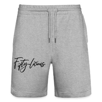 Fifty-Licious Funny 50th Birthday Party Men Women - Stanley/Stella Trainer Unisex Organic Jogging Shorts - heather grey - Front - Nik (191cm) & Marisol (170cm)