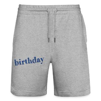 HAPPY BIRTHDAY. HAPPY BIRTHDAY. ANNIVERSARY. - Stanley/Stella Trainer Unisex Organic Jogging Shorts - heather grey - Front - Nik (191cm) & Marisol (170cm)