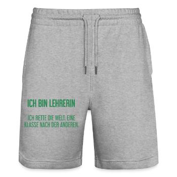 Ich bin Lehrerin - ich rette die Welt - Stanley/Stella Unisex Bio Joggingshorts Trainer  - Grau meliert - Vorne - Nik (191cm) & Marisol (170cm)