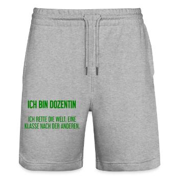 Ich bin Dozentin - ich rette die Welt - Stanley/Stella Unisex Bio Joggingshorts Trainer  - Grau meliert - Vorne - Nik (191cm) & Marisol (170cm)