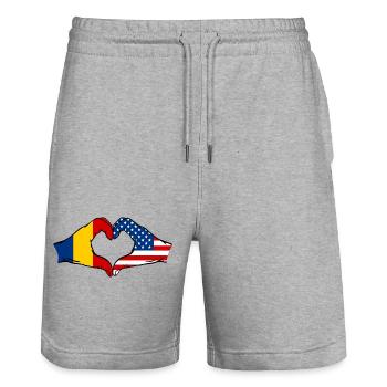 Romania USA heart shape with hands - Stanley/Stella Trainer Unisex Organic Jogging Shorts - heather grey - Front - Nik (191cm) & Marisol (170cm)